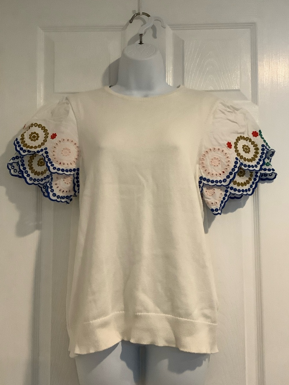 BODEN 100% Cotton Embroidered Layered Puff Short Sleeve Boho Fall Sweater 10